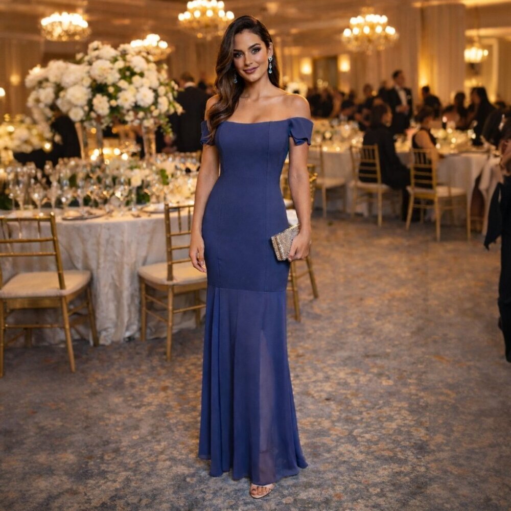 Halston Blue Mermaid Long Formal Off Shoulder Sleeve Chiffon style Hem Dress
